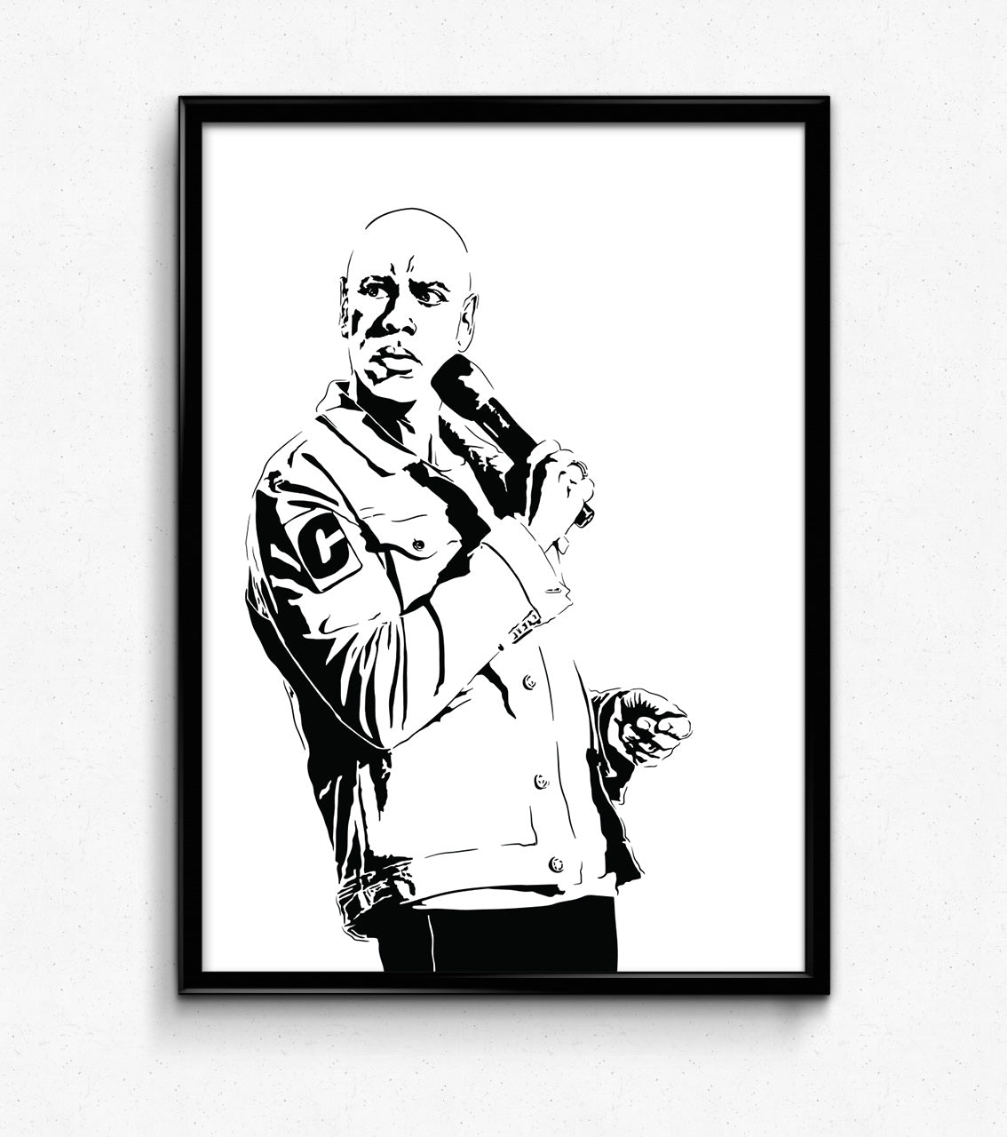 minimalist black and white digital illustration of stand up comedian dave chappelle, standing and looking to his side holding a microphone, framed art print