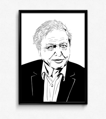 minimalist black and white digital illustration  of sir david attenborough, the natural scientist and british legend, looking at the viewer in portrait with slight smile on his face, framed art print