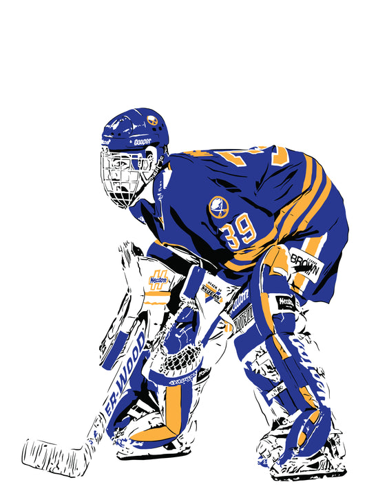 minimalist digital illustration of buffalo sabres goaltender dominik hasek, hunched over staring to the left in full goalie gear and a blue buffalo sabres jersey