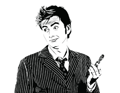  digital minimalist stencil illustration of david tennant as doctor who holding sonic screwdriver