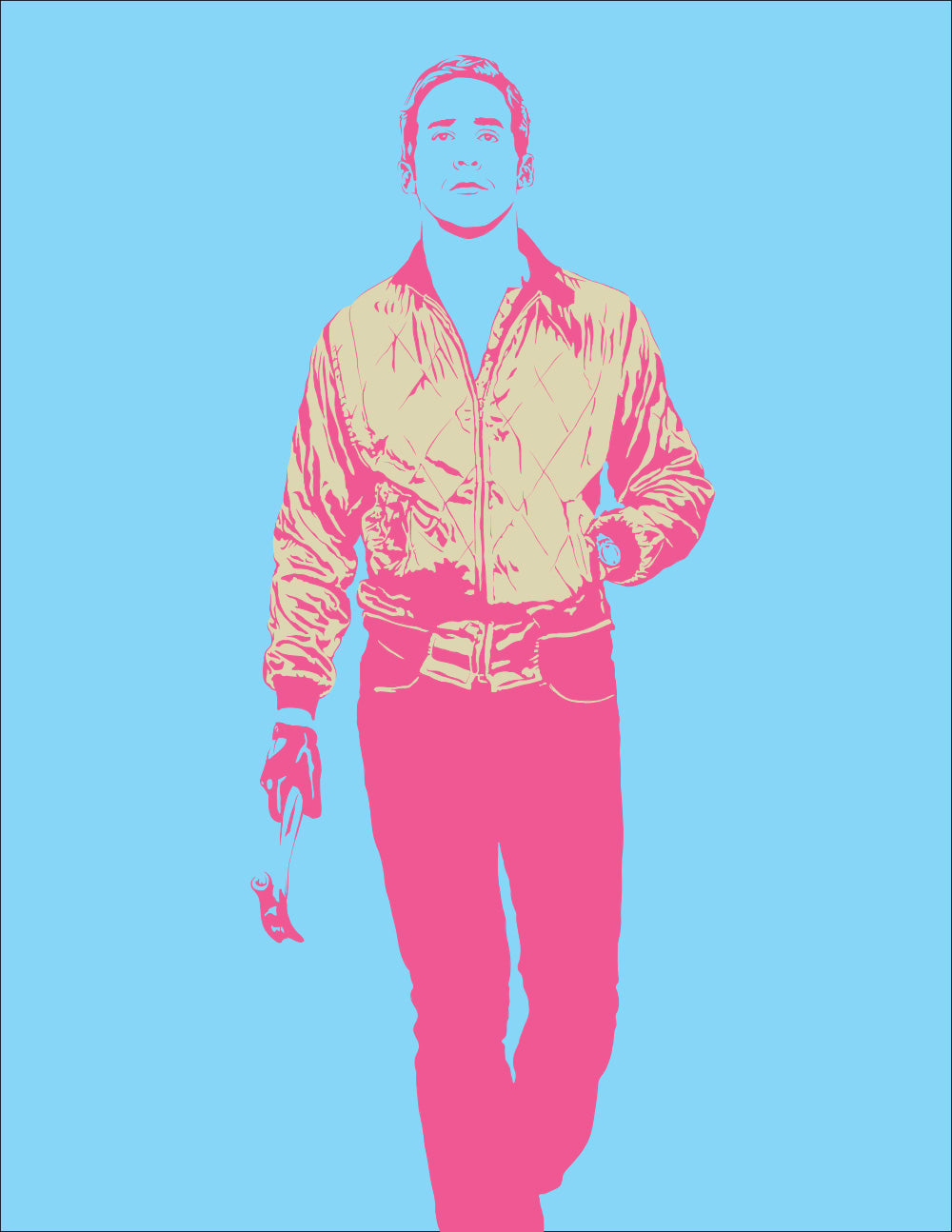 digital minimalist stencil illustration of ryan gosling as the driver in drive holding hammer gold scorpion jacket 