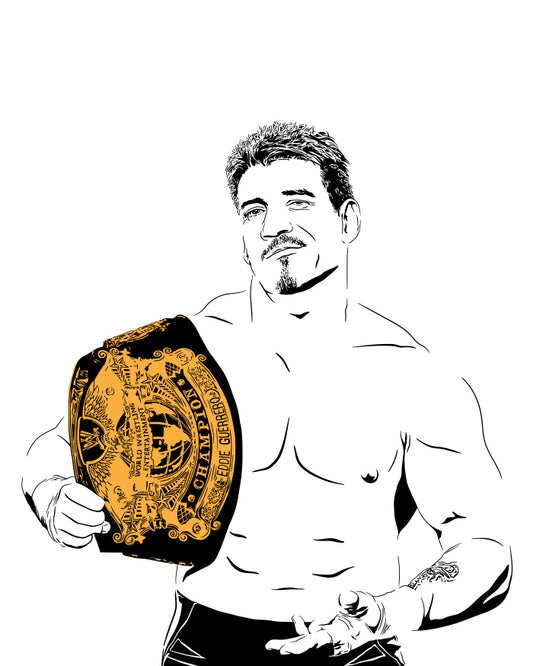 minimalist digital illustration of pro wrestling legend eddie guerrero aka latin heat, holding the WWE championship belt and looking smug, black and white illustration with the belt colored gold