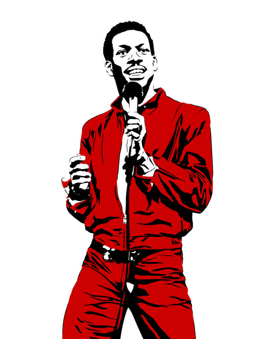 minimalist digital illustration of eddie murphy in his red leather suit from his stand up special Raw holding a microphone