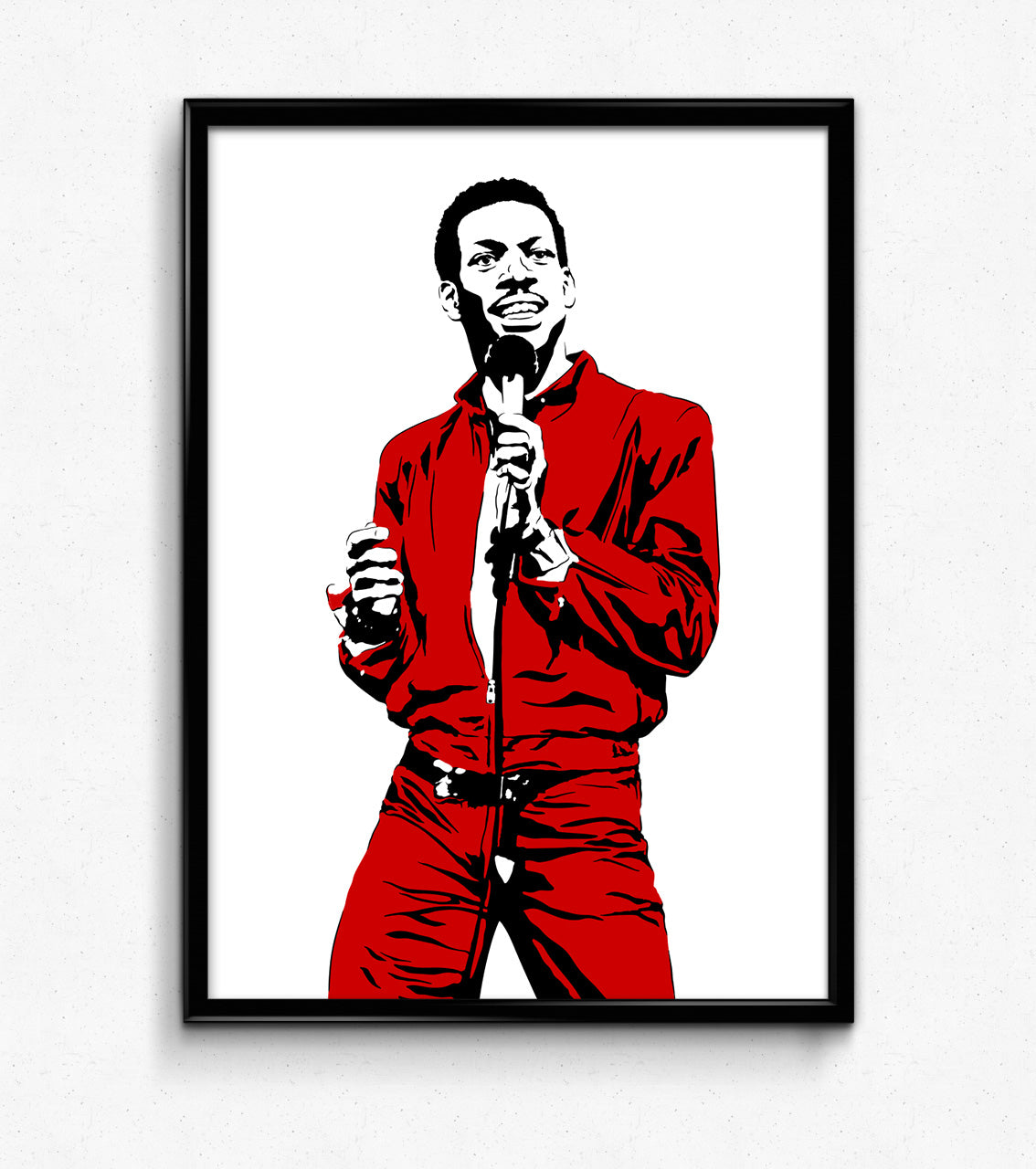 minimalist digital illustration of eddie murphy in his red leather suit from his stand up special Raw holding a microphone, framed art print