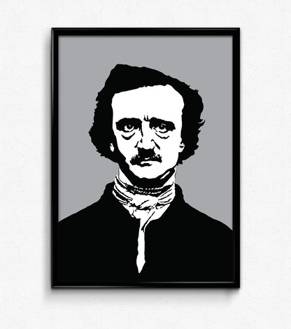 minimalist digital illustration of american author edgar allan poe in portrait with neckerchief staring facing forward, framed art print