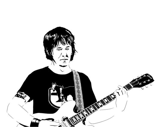 minimalist black and white digital illustration of singer songwriter elliott smith playing a guitar and looking emo