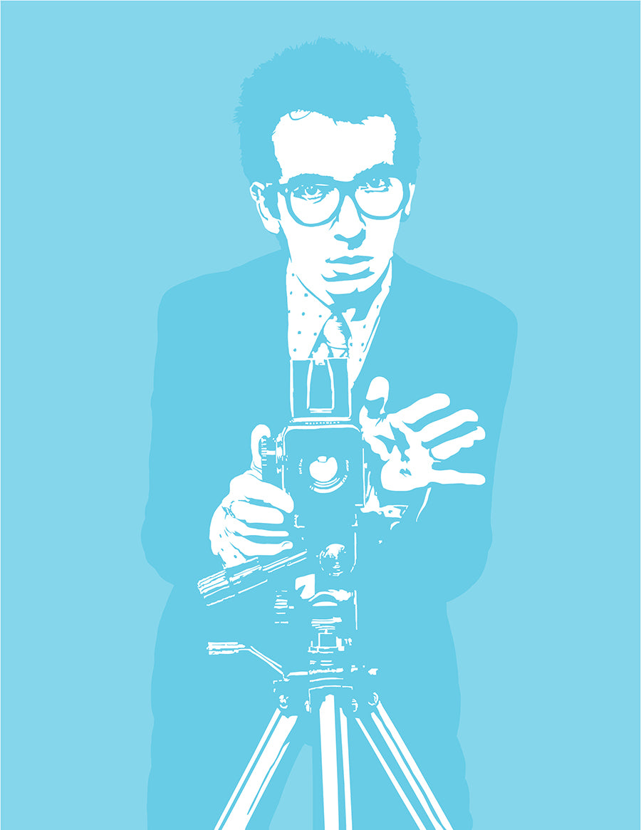 digital minimalist stencil illustration of elvis costello album cover hipster glasses and camera