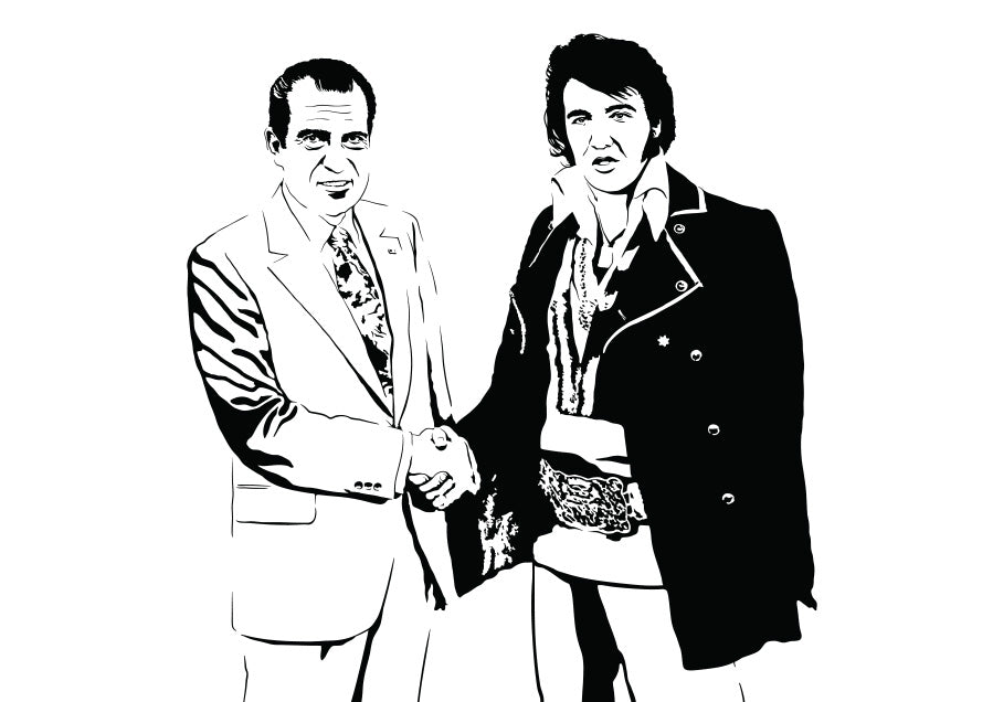 minimalist black and white illustration of king of rock elvis presely shaking hands with president richard nixon