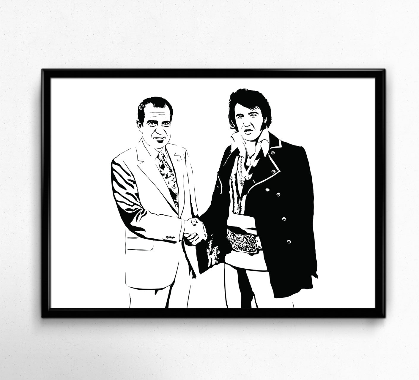 minimalist black and white illustration of king of rock elvis presely shaking hands with president richard nixon, framed art print