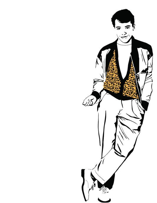 digital minimalist stencil illustration of matthew broderick as ferris bueller's day off 80s nostalgia film leopard vest