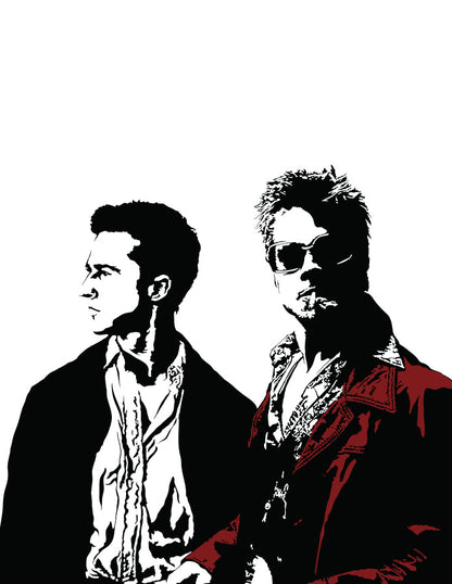 digital illustration portraits of edward norton and brad pitt as their characaters the narrator and tyler durden from the film Fight club, black and white stencil artwork