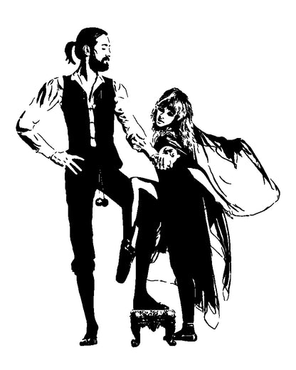 minimalist black and white illustration of the rumours album cover by fleetwood mac with stevie nicks