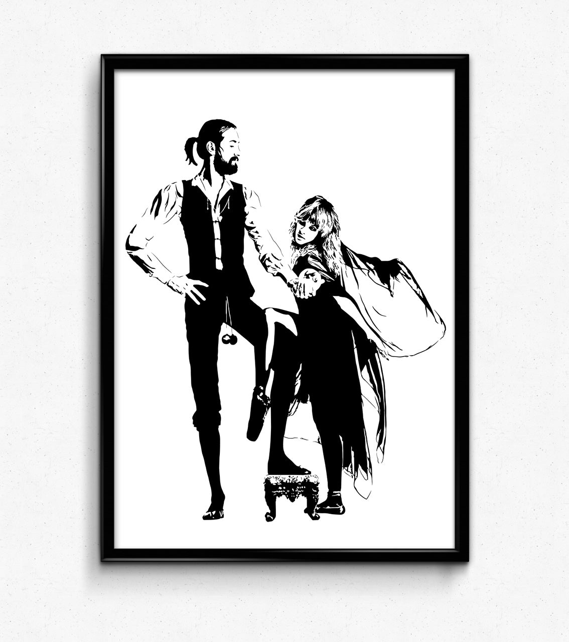 minimalist black and white illustration of the rumours album cover by fleetwood mac with stevie nicks. framed art print