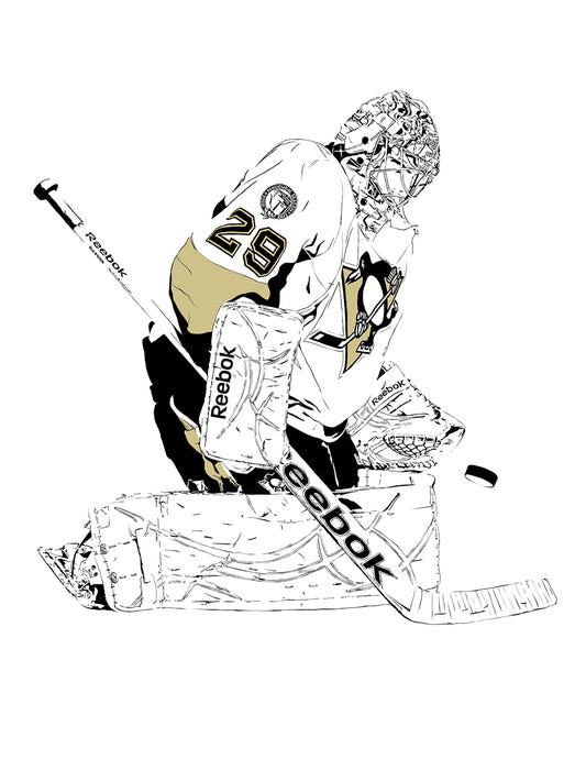  digital minimalist stencil illustration of pittsburgh penguins goalie marc-andre fleury making a save