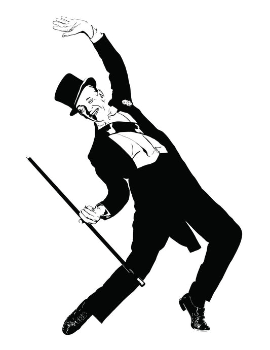 minimalist black and white digital illustration of fred astaire dancing with top hat and cane