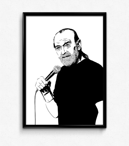 black and white portrait illustration of comedian george carlin doing standup holding a microphone, framed art print artwork