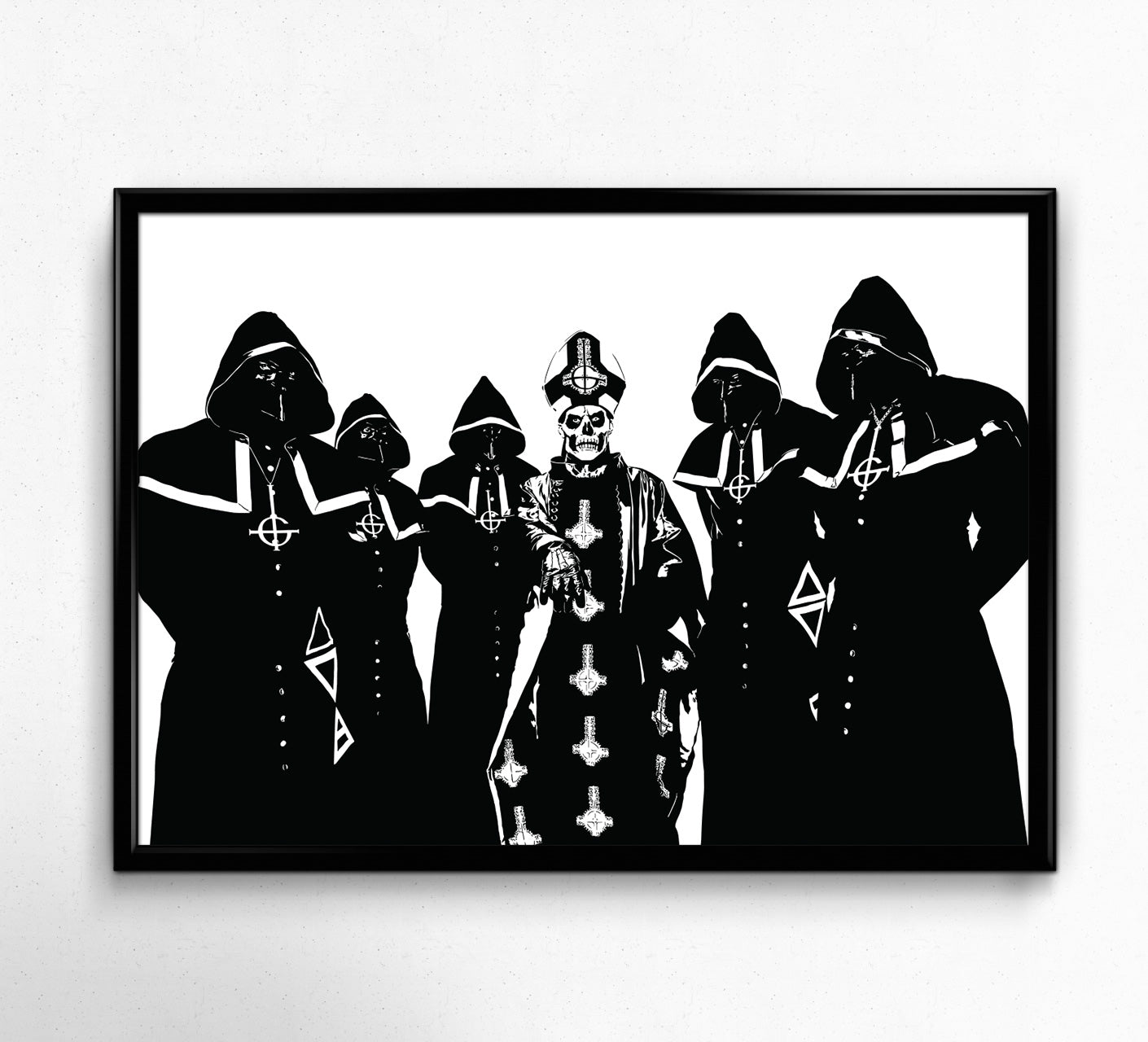 black and white illustration of the band ghost featuring papa emiritus and the nameless ghouls 