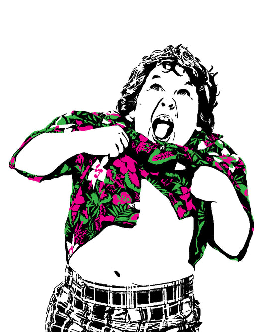 art print of chunk from the goonies played by jeff cohen doing the truffle shuffle