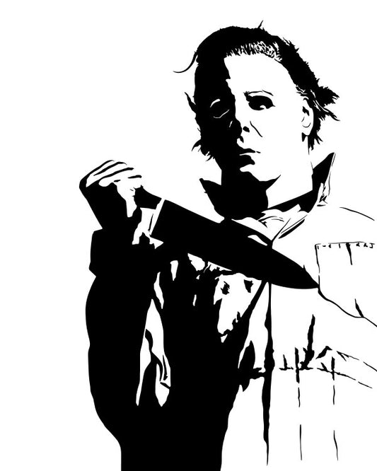 minimalist black and white digital illustration artwork of michael myers from halloween film series holding a butcher knife wearing his mask and boiler suit