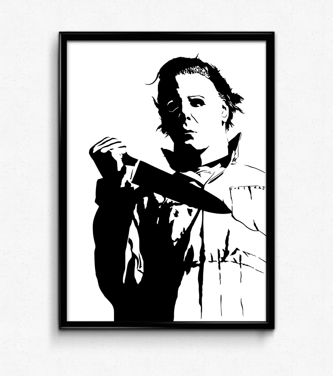 minimalist black and white digital illustration artwork of michael myers from halloween film series holding a butcher knife wearing his mask and boiler suit, framed art print