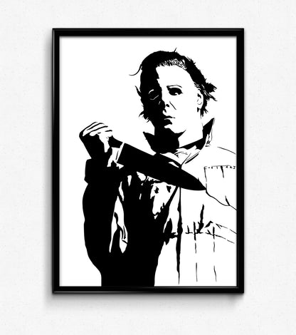 minimalist black and white digital illustration artwork of michael myers from halloween film series holding a butcher knife wearing his mask and boiler suit, framed art print