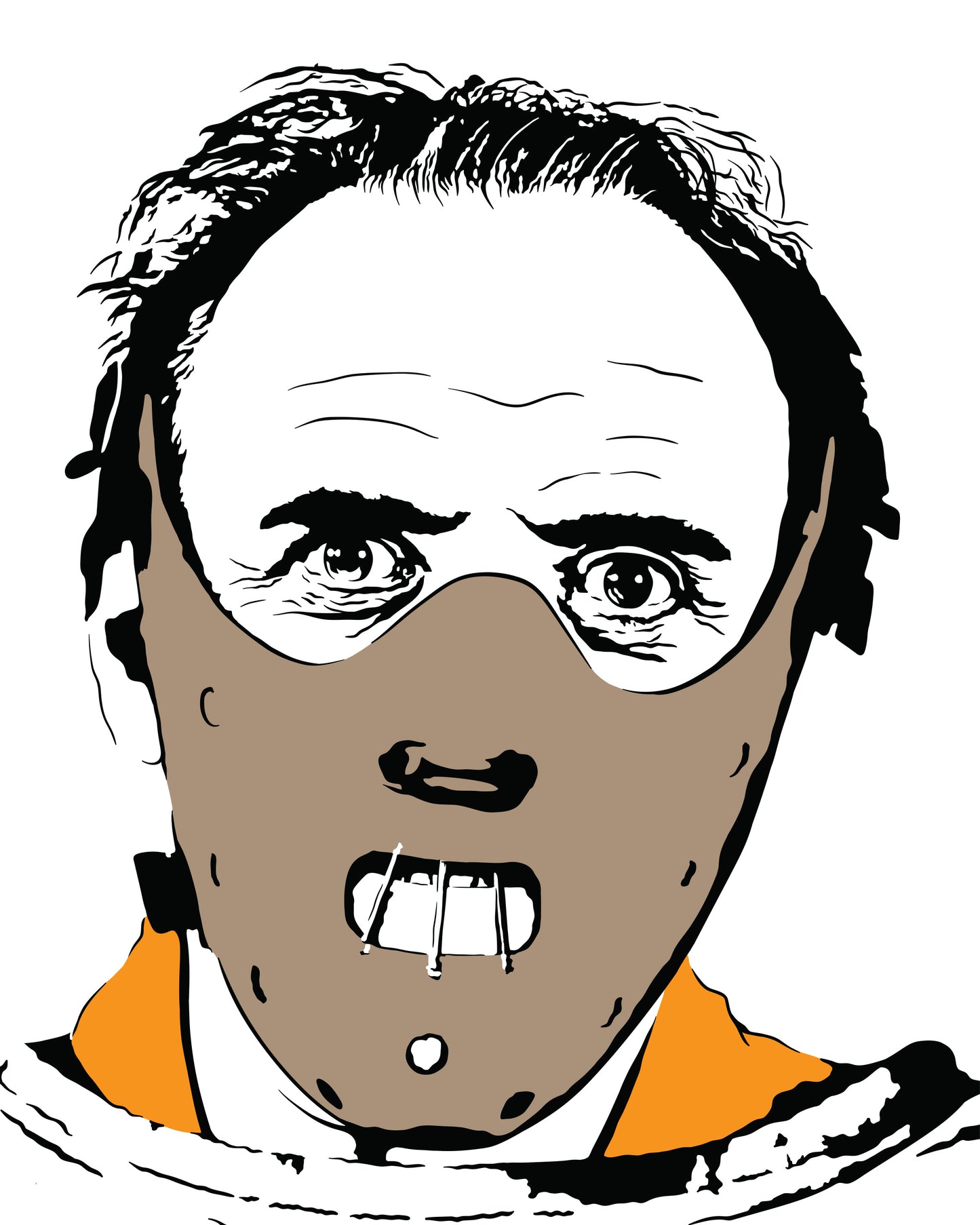 minimalist digital illustration of hannibal lecter played by anthony hopkins from silence of the lambs wearing a muzzle face mask and straight jacket portrait style