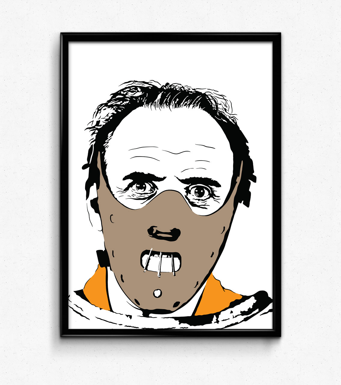 minimalist digital illustration of hannibal lecter played by anthony hopkins from silence of the lambs wearing a muzzle face mask and straight jacket portrait style, framed art print