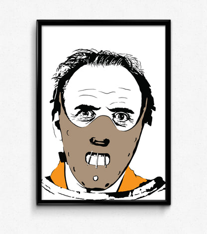 minimalist digital illustration of hannibal lecter played by anthony hopkins from silence of the lambs wearing a muzzle face mask and straight jacket portrait style, framed art print