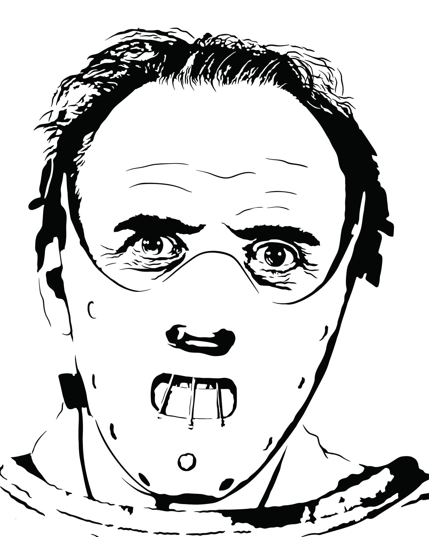 minimalist digital illustration of hannibal lecter played by anthony hopkins from silence of the lambs wearing a muzzle face mask and straight jacket portrait style, black and white