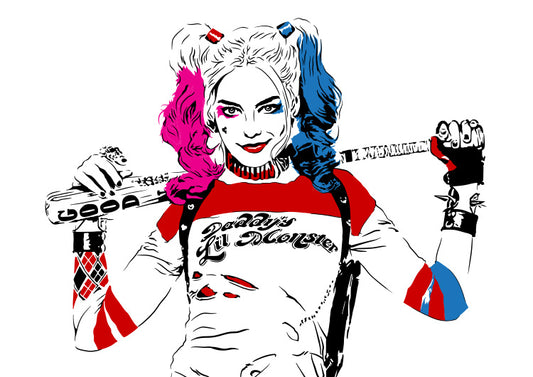 digital illustration of harley quinn played by margot robbie with blue and pink pigtails holding a baseball bat by dropkick art