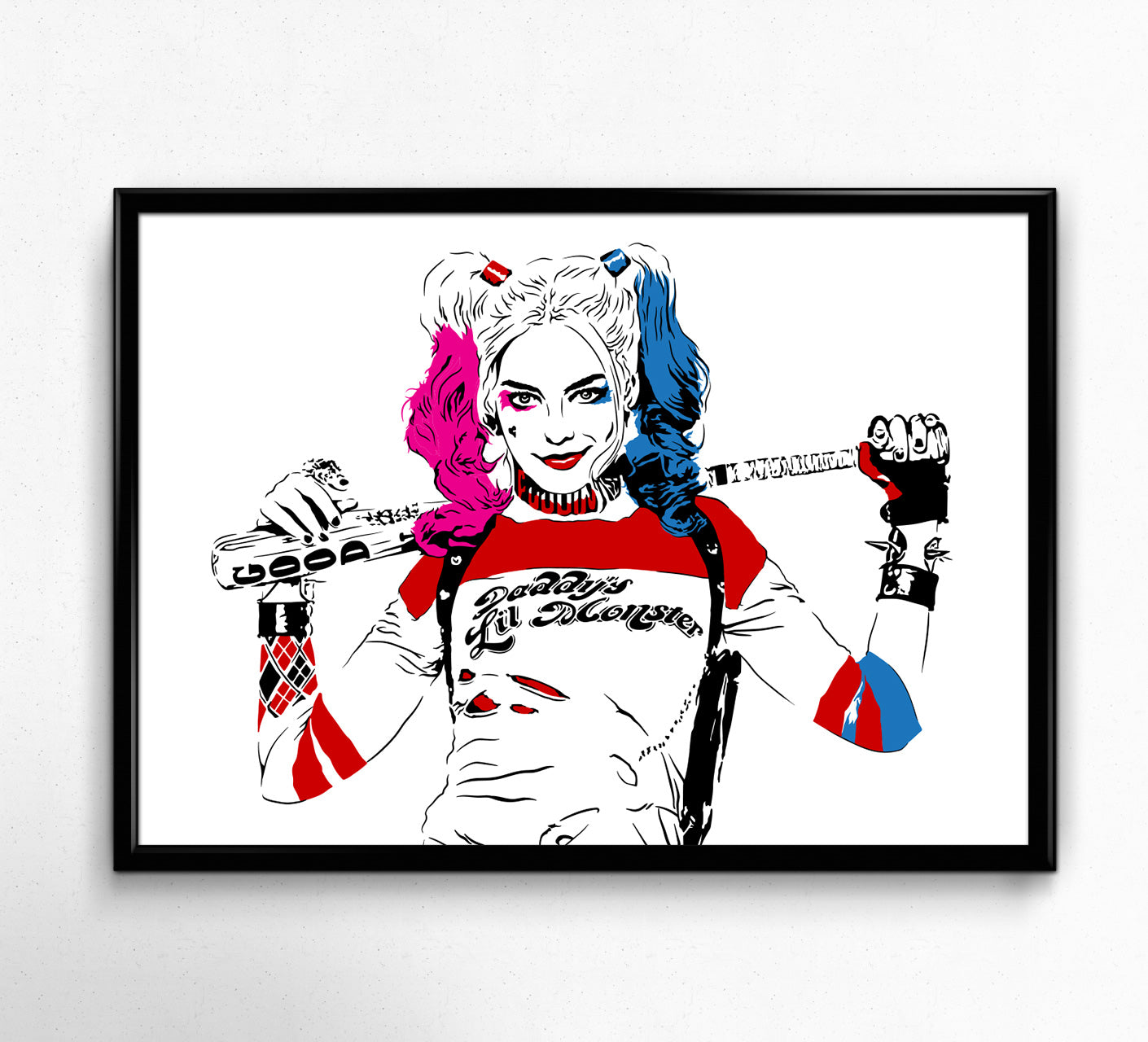 digital illustration of harley quinn played by margot robbie with blue and pink pigtails holding a baseball bat by dropkick art framed art print