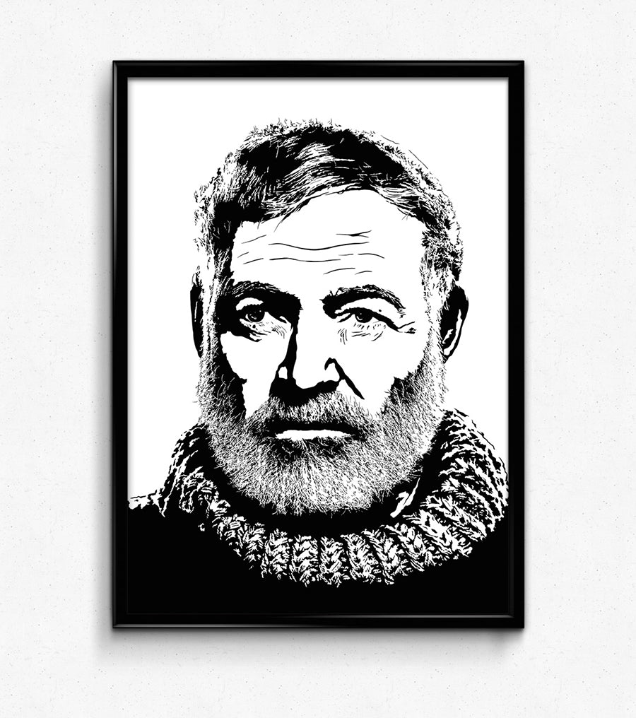 increidbly detailed black and white portrait illustration of author ernest hemingway with his large beard and wool sweater, framed art print