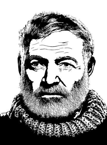 increidbly detailed black and white portrait illustration of author ernest hemingway with his large beard and wool sweater