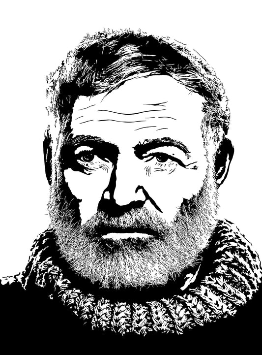 increidbly detailed black and white portrait illustration of author ernest hemingway with his large beard and wool sweater