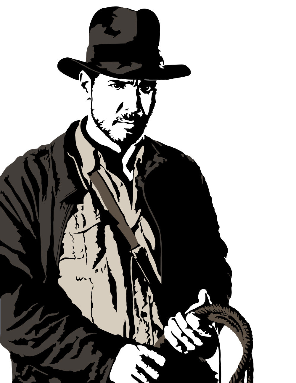 digital minimalist stencil illustration of harrison ford as indiana jones wearing fedora and holding his whip