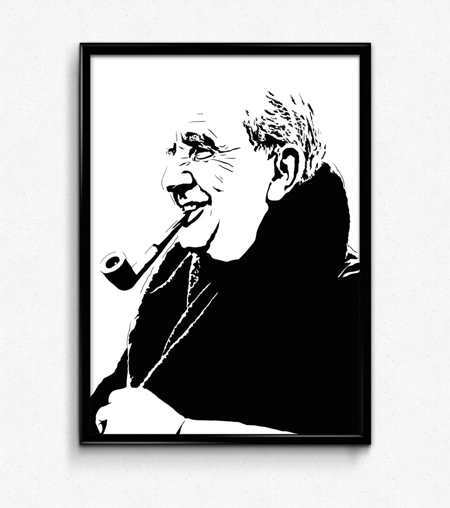 digital minimalist stencil illustration of english author jrr tolkien smoking a pipe in portrait, framed art print