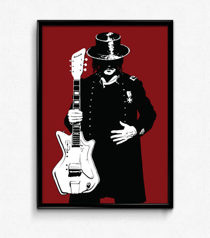 minimalist digital illustration of gothic jack white of the white stripes and raconteurs holding his guitar and wearing a black suit framed art print