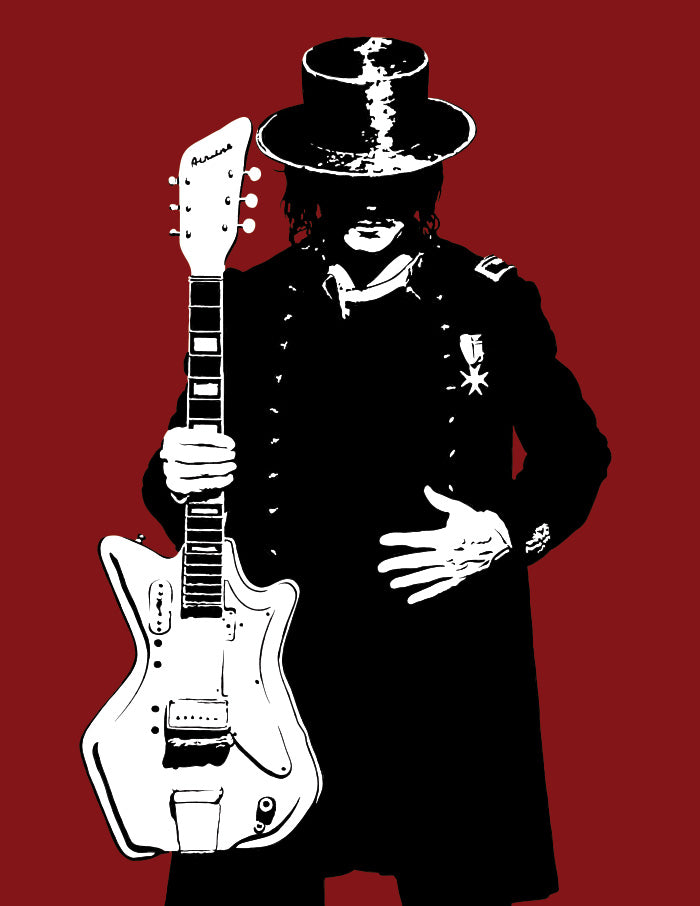 minimalist digital illustration of gothic jack white of the white stripes and raconteurs holding his guitar and wearing a black suit