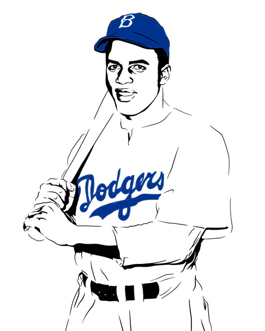 minimalist digital illustration of jackie robinson of the brooklyn dodgers holding a baseball bat over his shoulder