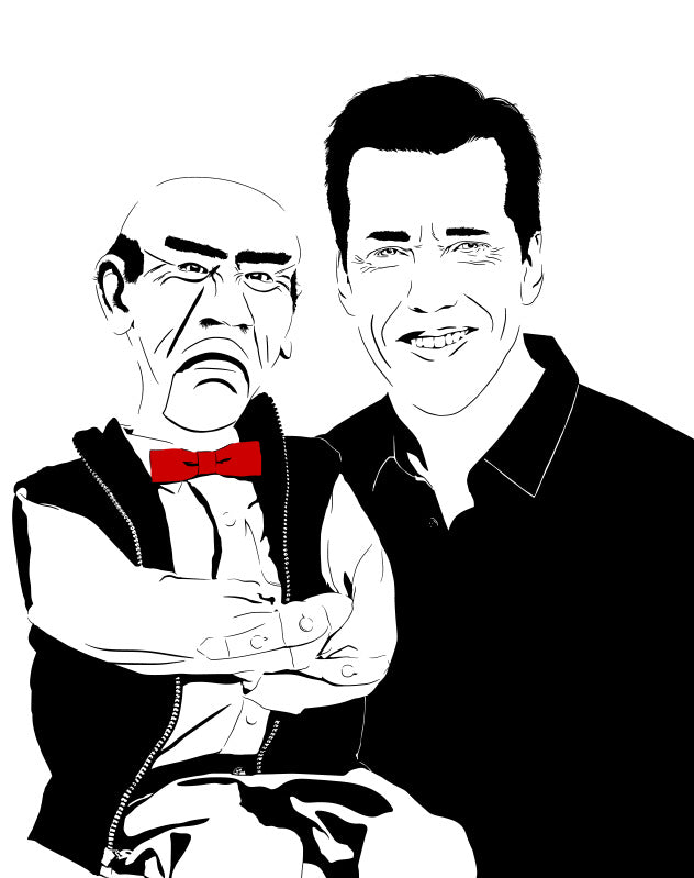 digital minimalist stencil illustration of comedian jeff dunham holding his puppet walter the old man