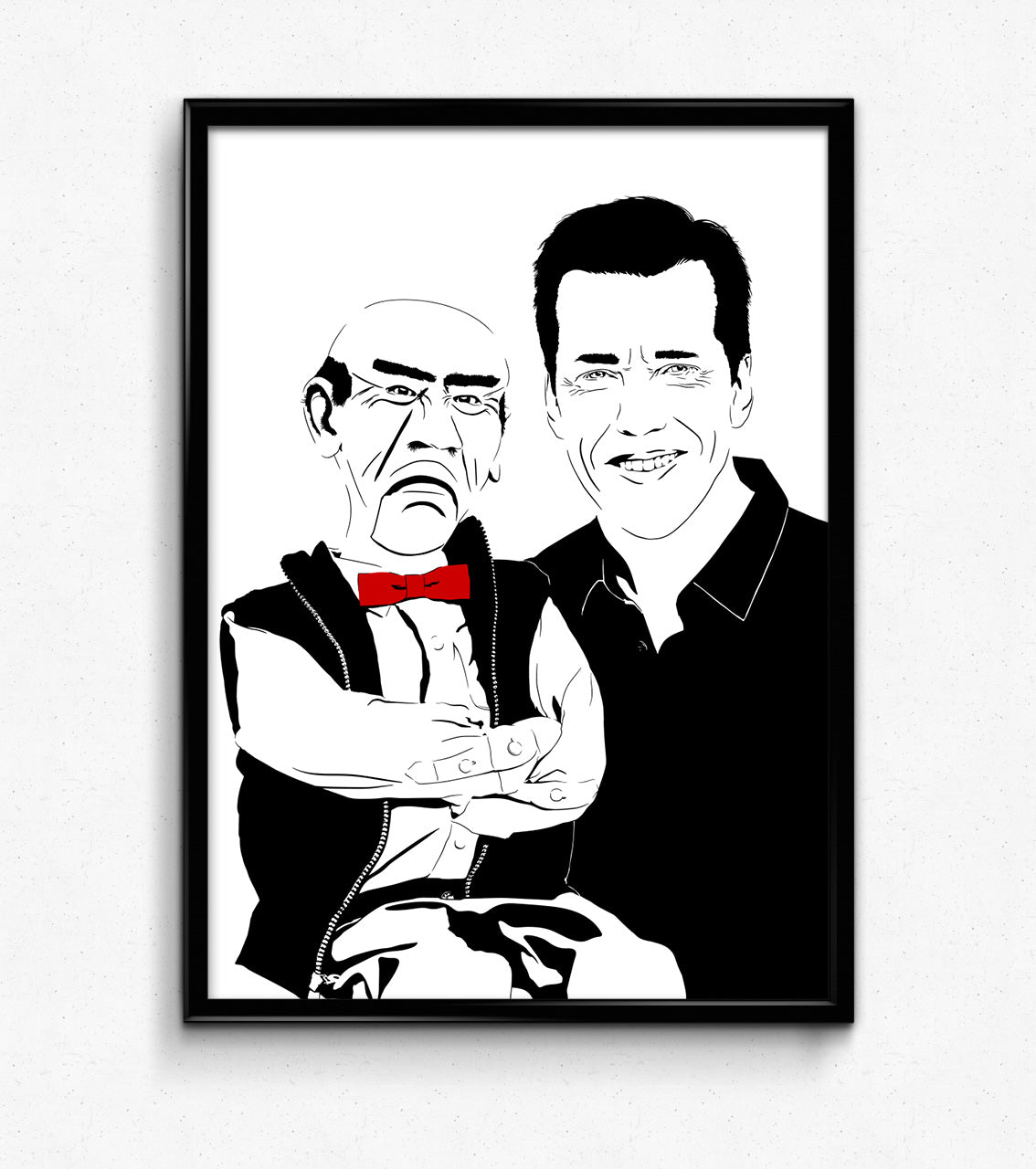 digital minimalist stencil illustration of comedian jeff dunham holding his puppet walter the old man framed art print