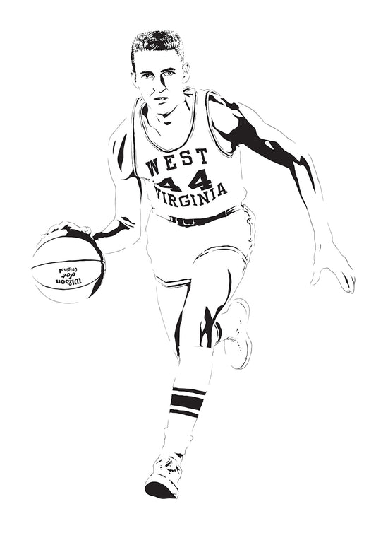 minimalist black and white stencil illustration of the logo jerry west wearing west virginia mountaineers jersey dribbling a basketball on the run