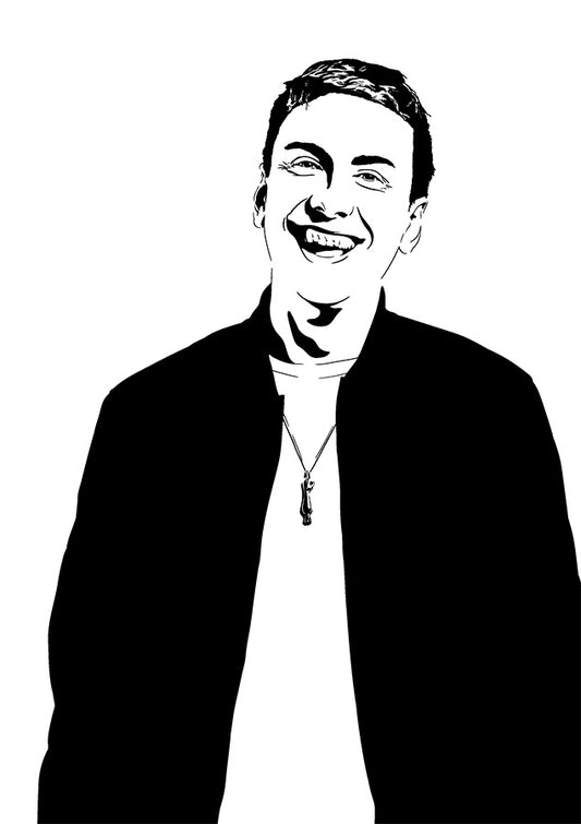 black and white art illustration of british comedian joe lycett of birmingham
