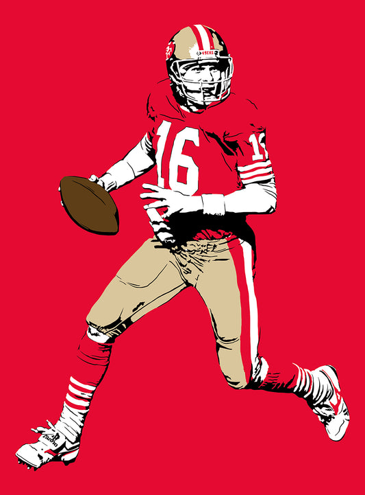 minimalist digital stencil illustration of san francisco quarterback joe montana looking downfield to throw a pass