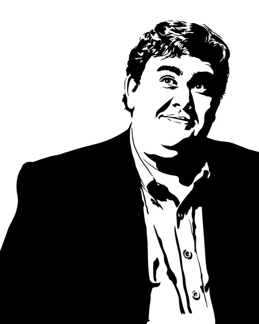 digital minimalist stencil illustration of canadian actor john candy in portrait smiling and looking upward