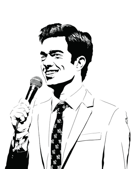 digital minimalist stencil illustration of stand up comedian john mulaney holding microphone and smiling