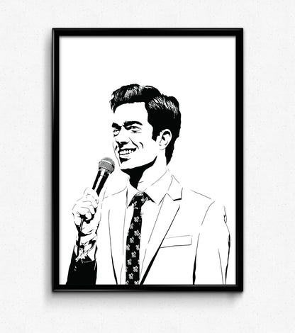 digital minimalist stencil illustration of stand up comedian john mulaney holding microphone and smiling, framed art print