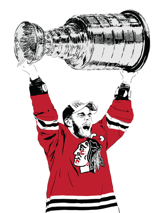 digital minimalist stencil illustration of chicago blackhawks captain jonathan toews holding stanley cup over his head