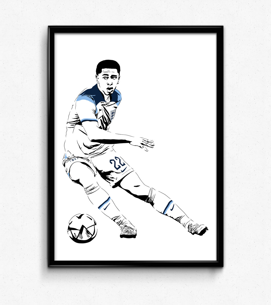 digital art illustration of team england midfield jude bellingham playing in the world cup framed art print