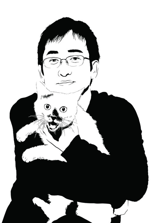 black and white illustration of horror manga artist Junji Ito holding a black and white cat